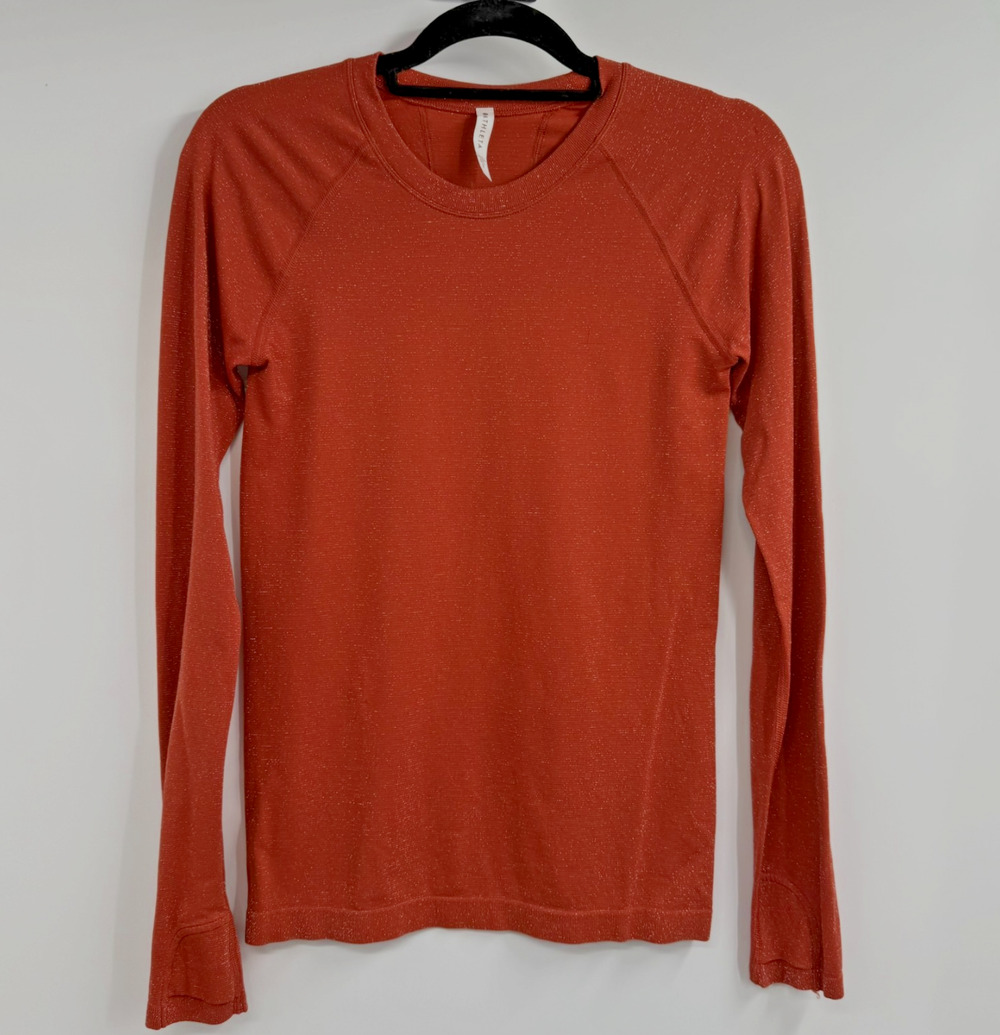 Athleta Momentum Shirt Womens S Rust Metallic Seamless Long Sleeve Athletic Gym